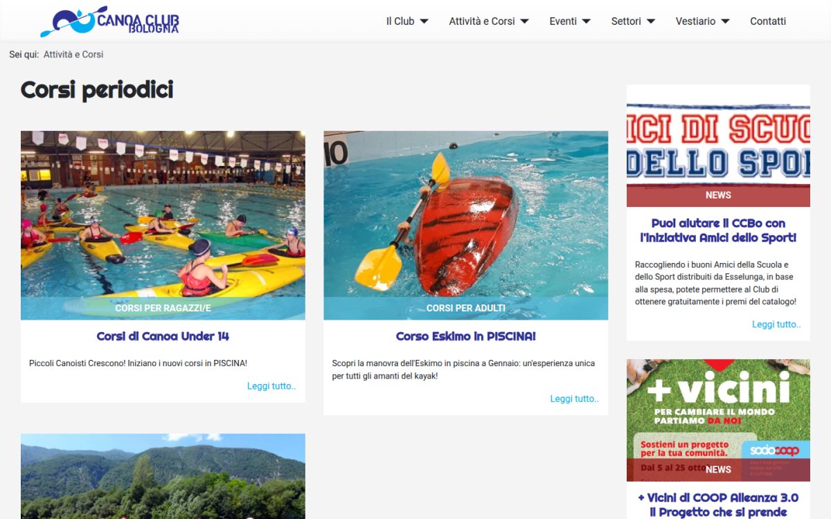 La pagina dei corsi di canoa del Canoa Club Bologna