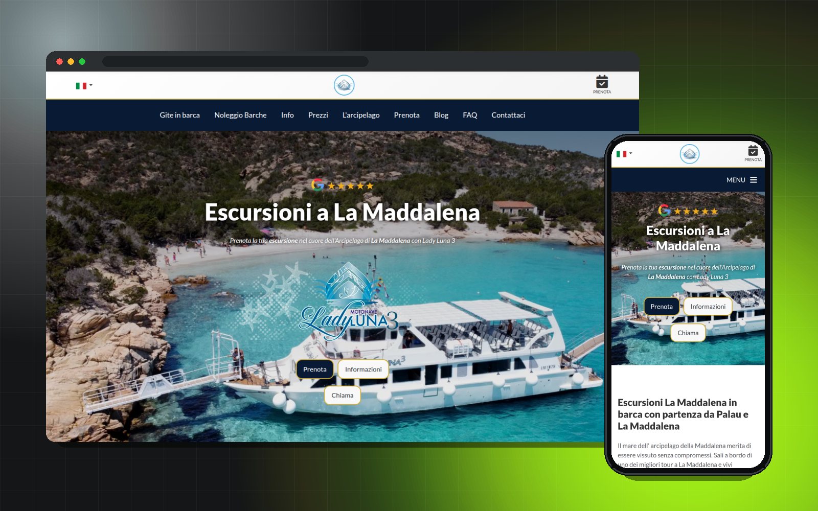 Il sito Gite in barca La Maddalena su desktop e smartphone