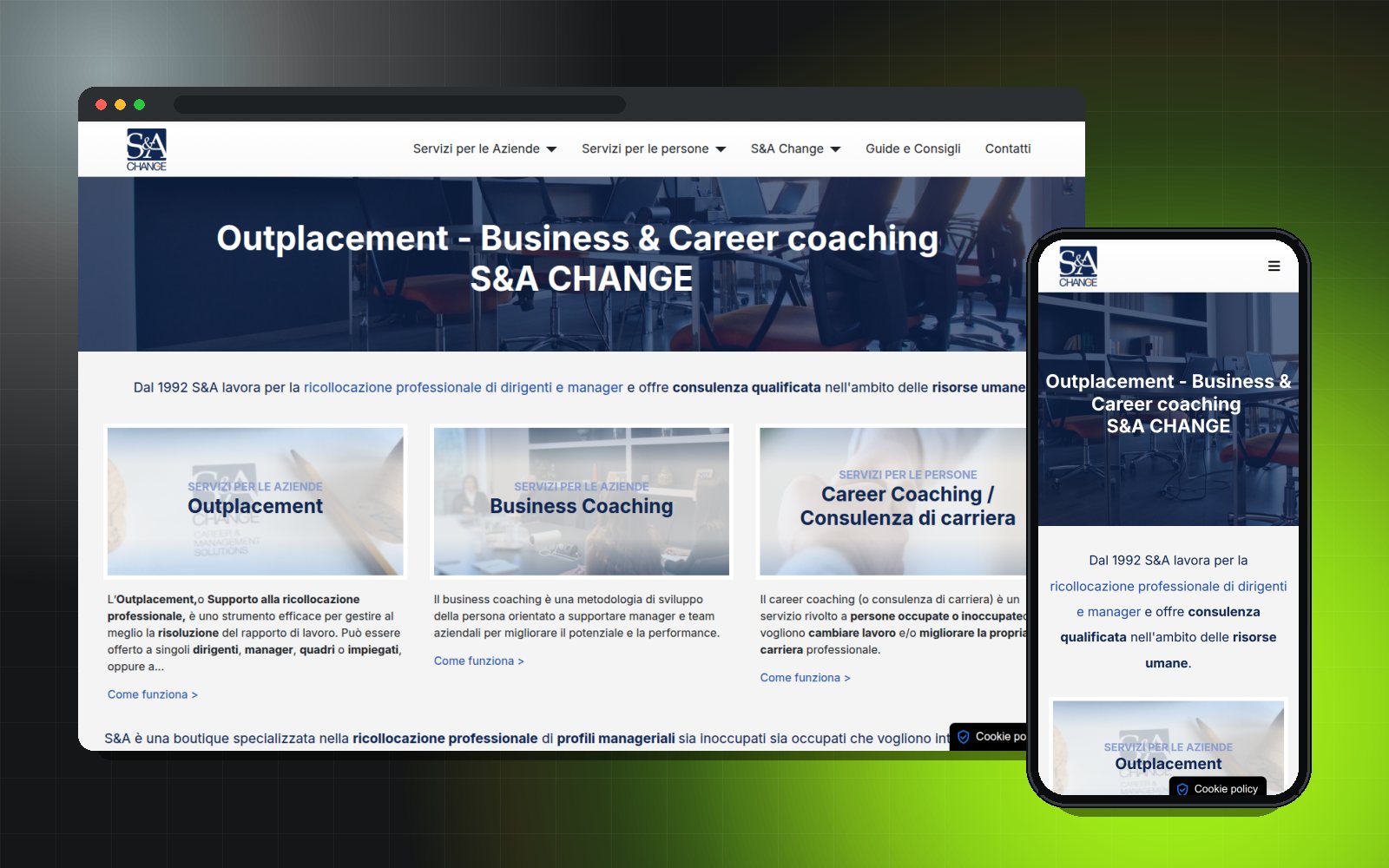 Il sito S&A Change su desktop e smartphone