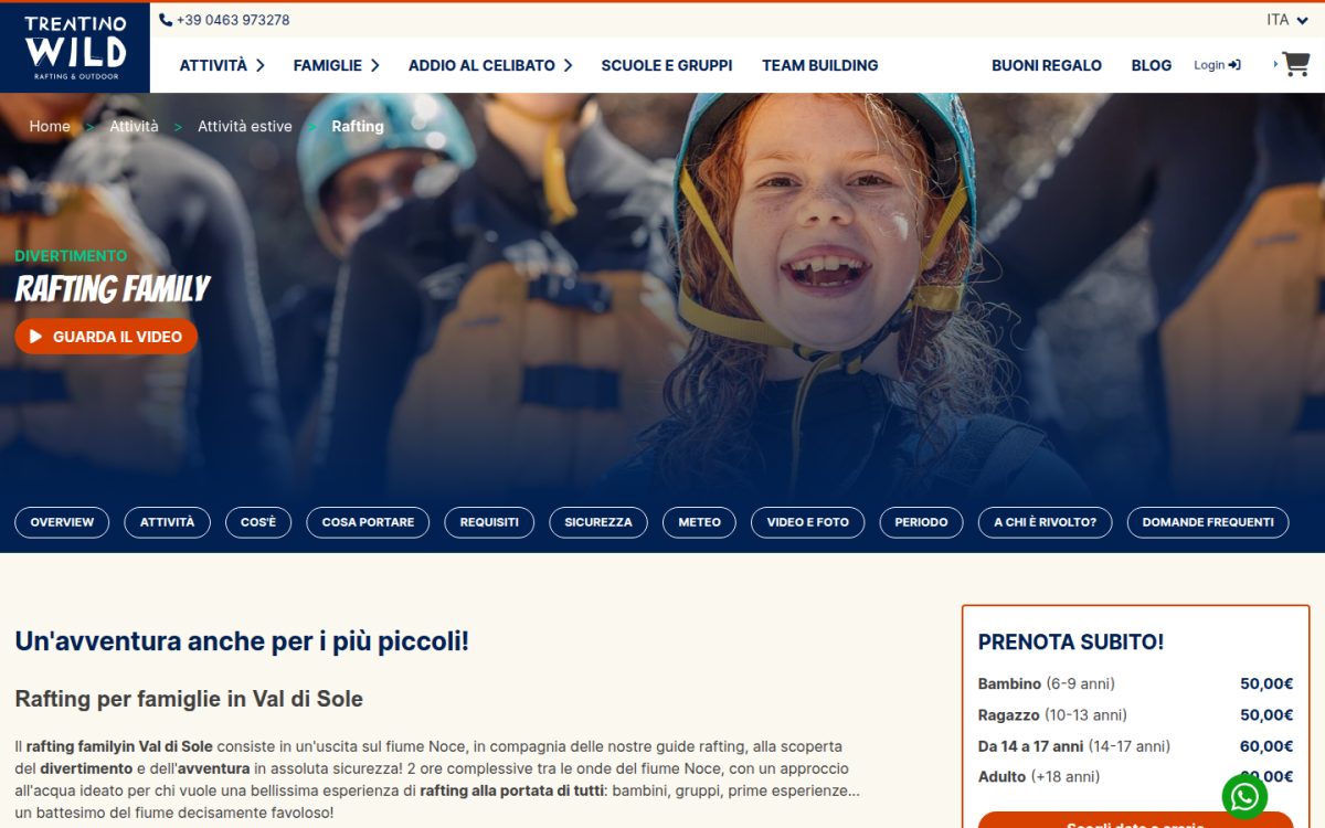 Scheda attività Rafting Family con il box di prenotazione