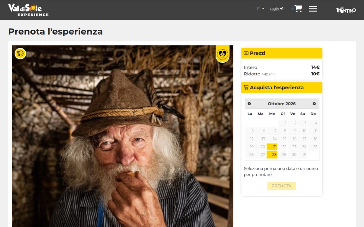 Pagina di un'esperienza con prezzi e calendario di acquisto
